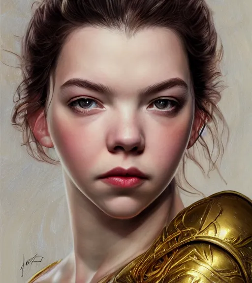 Image similar to Anya Taylor-Joy wearing gold, highly detailed, centered, digital painting, artstation, concept art, smooth, sharp focus, illustration, art by artgerm and donato giancola and Joseph Christian Leyendecker, Ross Tran, WLOP