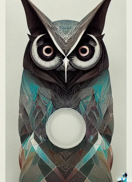 Image similar to portrait of a geometric owl, identical eyes, medium shot, illustration, full body made of white feathers, symmetrical, art stand, super detailed, cinematic lighting, and its detailed and intricate, gorgeous, by peter mohrbacher