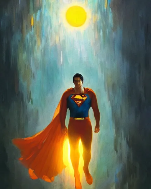 Image similar to superman emerging from the sun, elegant, orange yellow ethereal, horror, fantasy art by greg rutkowski and magali villeneuve and claude monet