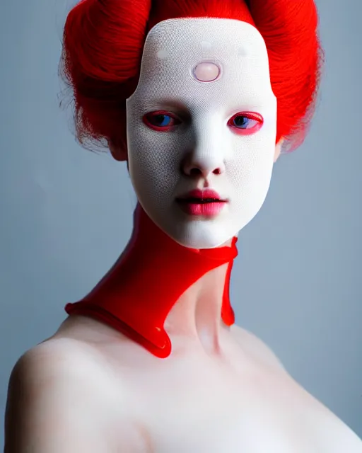 Image similar to symmetrical portrait of a woman wearing a red embroidered translucent silicone mask and white frizzy hair buns, wearing a silicone white bodysuit, cream white background, soft diffused light, biotechnology, futuristic aesthetic, translucent, ethereal, intricate details, highly detailed, masterpiece,