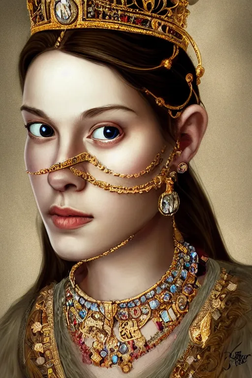 Image similar to beautiful very detailed portrait of a young princess with lots of jewelry in the face, full body, in the background there is a minimalistic palace, digital art , dramatic cinematic lighting rendered by octane, 8k, detailed, intricate, clean and textures, trending on artstation, treanding on deviantart, trending on cgsociety, pinterest, by Lauren Brevner + KEHINDE WILEY