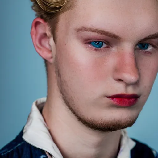 Prompt: close up of 2 1 year old man with wavy light blonde hair, blue eyes, pale complexion, wearing 1 9 5 0 s clothing, 8 5 mm f / 1. 4