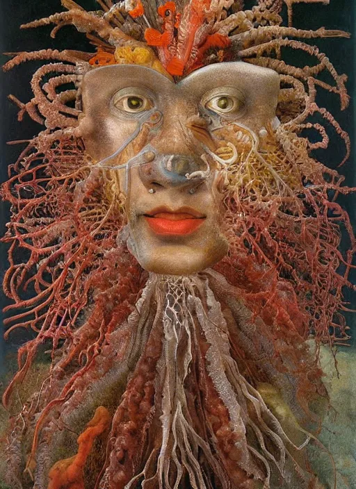 Prompt: a surreal painting of a shaman's face, made of jelly fish, coral reefs, by Giuseppe Arcimboldo, symbolist, soft colors, dramatic lighting, smooth, sharp focus, extremely detailed, aesthetically pleasing composition