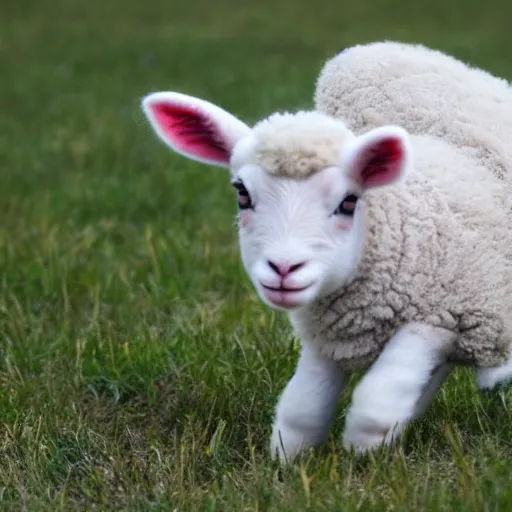 Prompt: a baby lamb possessed by a demon, the lamb is running through an open field,