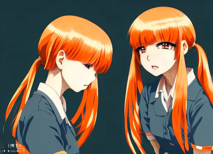 Image similar to anime girl with orange short hair in the form of two pigtails in the Soviet pioneer form,omoide emanon, tsuruta kenji, murata range,kawaii, kyoto animation, manga,katsura masakazu, intricate, detailed, studio lighting, gradation,editorial illustration, matte print, Ilya Kuvshinov