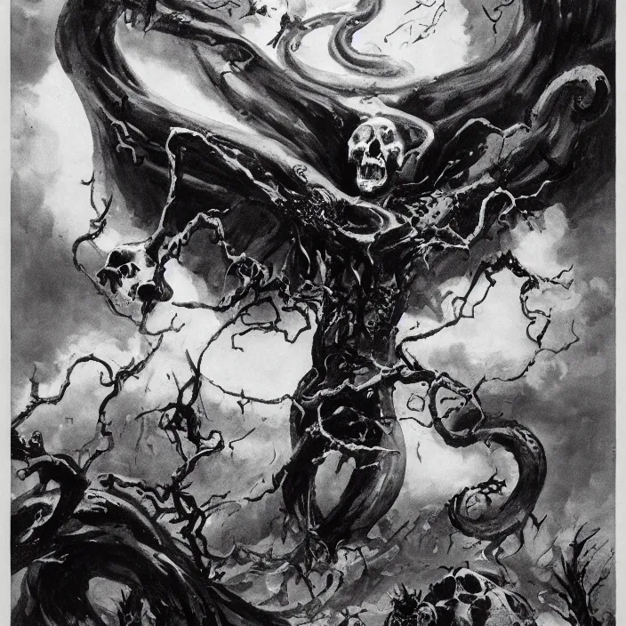 Image similar to bellatrix casting dark mark spell into the sky that is a vision of a skull with a snake protruding from its mouth by frank frazetta