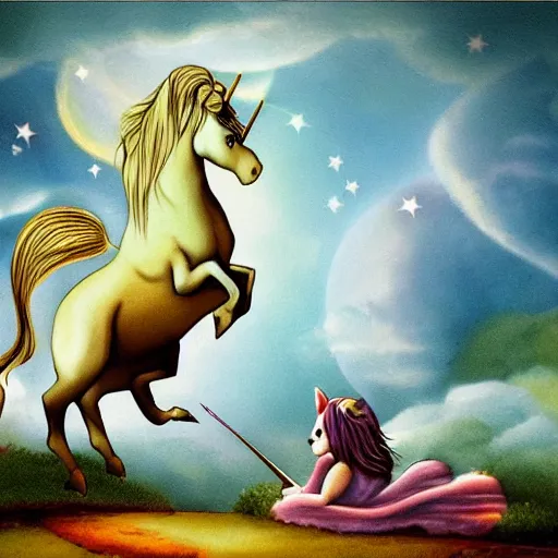 Image similar to dream : a fabulous landscape, a magical unicorn. a boy is sitting astride him. a cat is lying