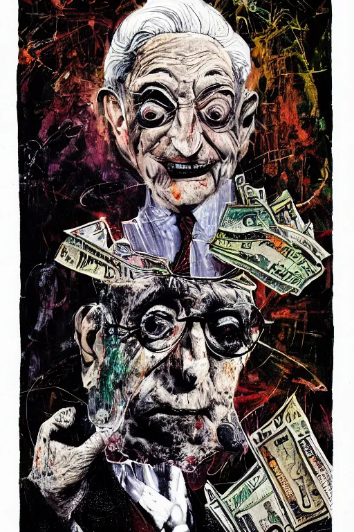 Image similar to George Soros full body shot, dollar bills Body horror, biopunk, by Ralph Steadman, Francis Bacon, Hunter S Thompson