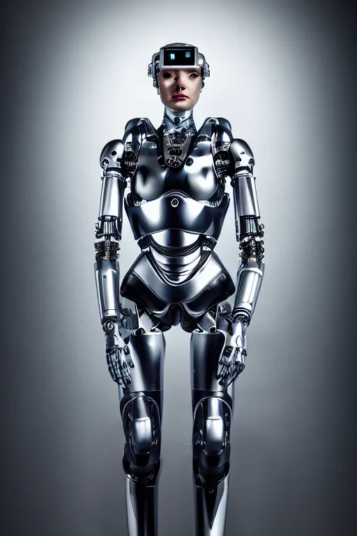 Image similar to cybernetic ultra high tech female knight, sci - fi, high technologies, futurism, exoskeleton, carbon, strong artificial intelligence, symmetry, cinematic, elegant, luxury, perfect light, perfect composition, dlsr photography, sharp focus, 8 k, ultra hd, sense of awe, highly detailed, realistic, intricate, science journal cover