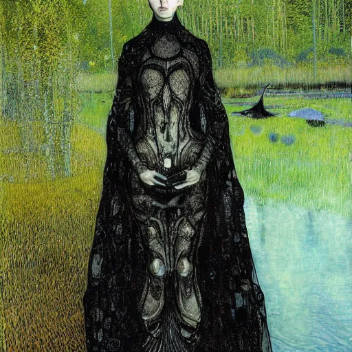 Prompt: Tilda Swinton with beautiful clear defined face and body as a gothic victorian woman clothed in black dress and veil standing in front of a lake near an ominous forest. Junji Ito, Gustav Klimt, Edvard Munch, sharp focus, HR Giger