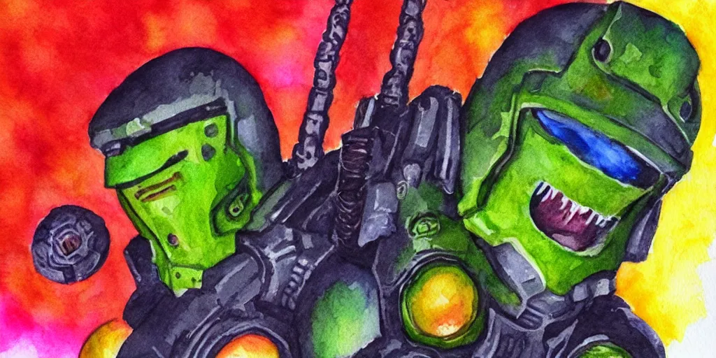 Prompt: doomguy watercolor art bright vibrant colors