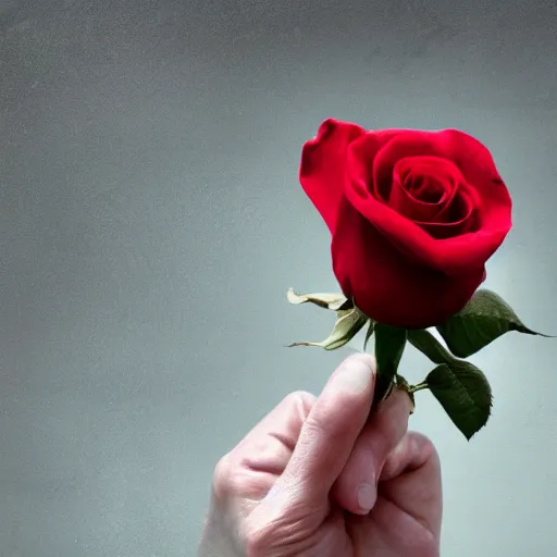 Prompt: hyperrealistic hand holding a red rose, close shot, background, depth of field, by ruan jia and greg rutkowski