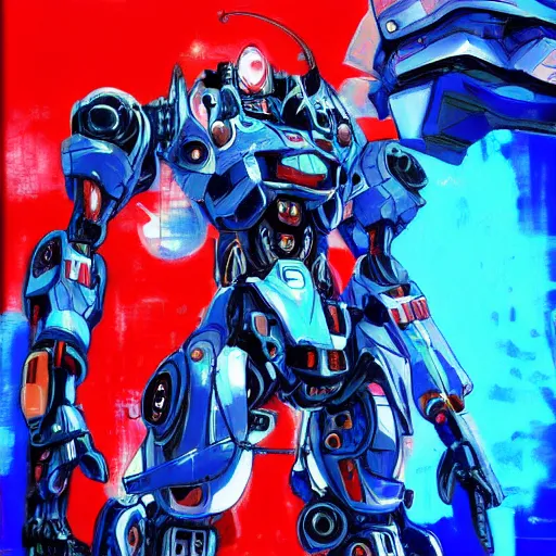Prompt: arasaka mech, cyberpunk, art by christian ward, red and blue neon