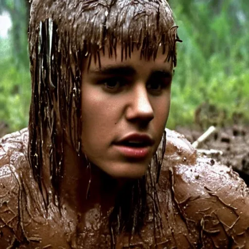 Image similar to cinematic still of justin bieber, covered in mud and watching a predator in a swamp in 1 9 8 7 movie predator, hd, 4 k