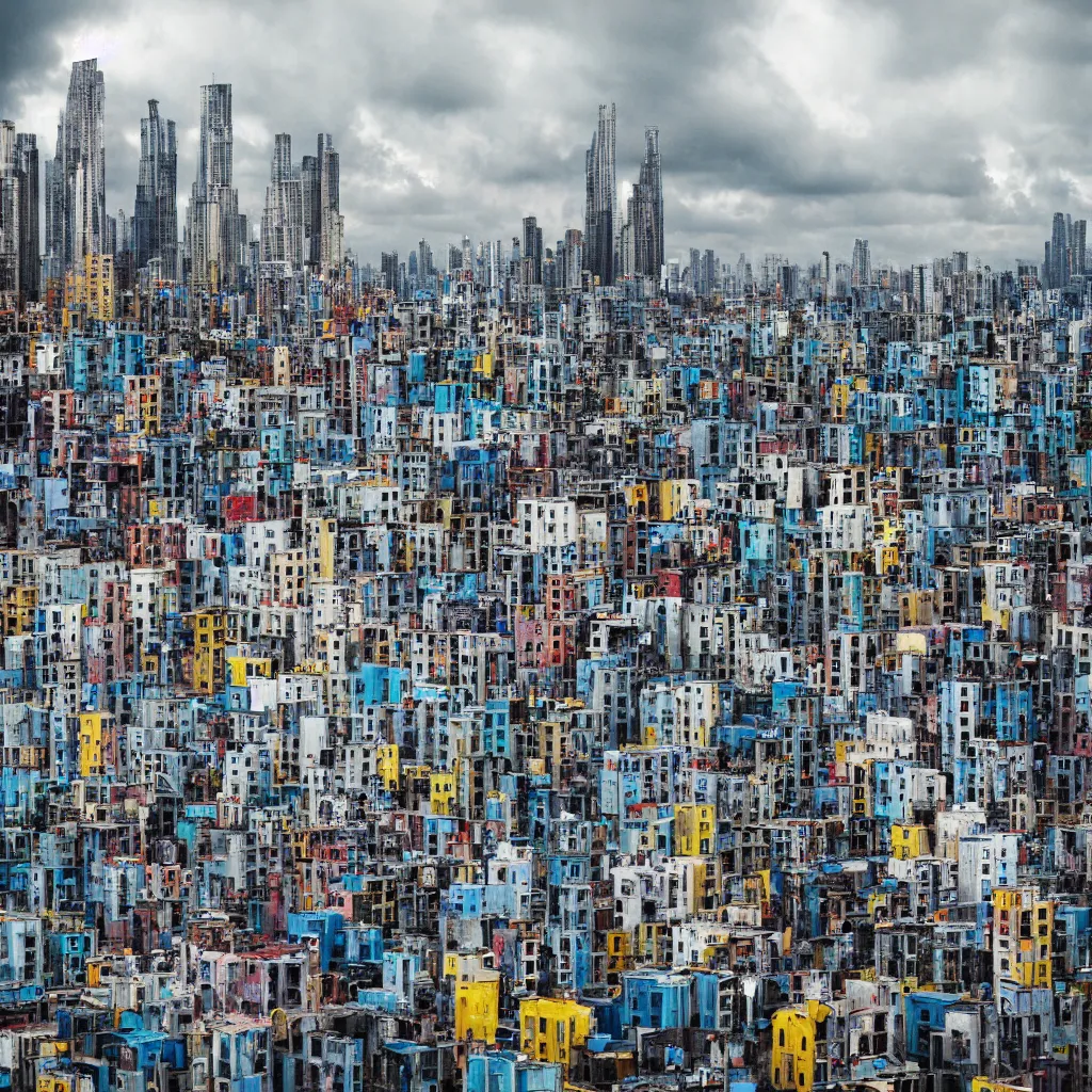 Prompt: skyscrapers made up of colourful makeshift squatter shacks, bleached colours, dramatic cloudy sky, dystopia, mamiya, very detailed, ultra sharp, photographed by cristina de middel