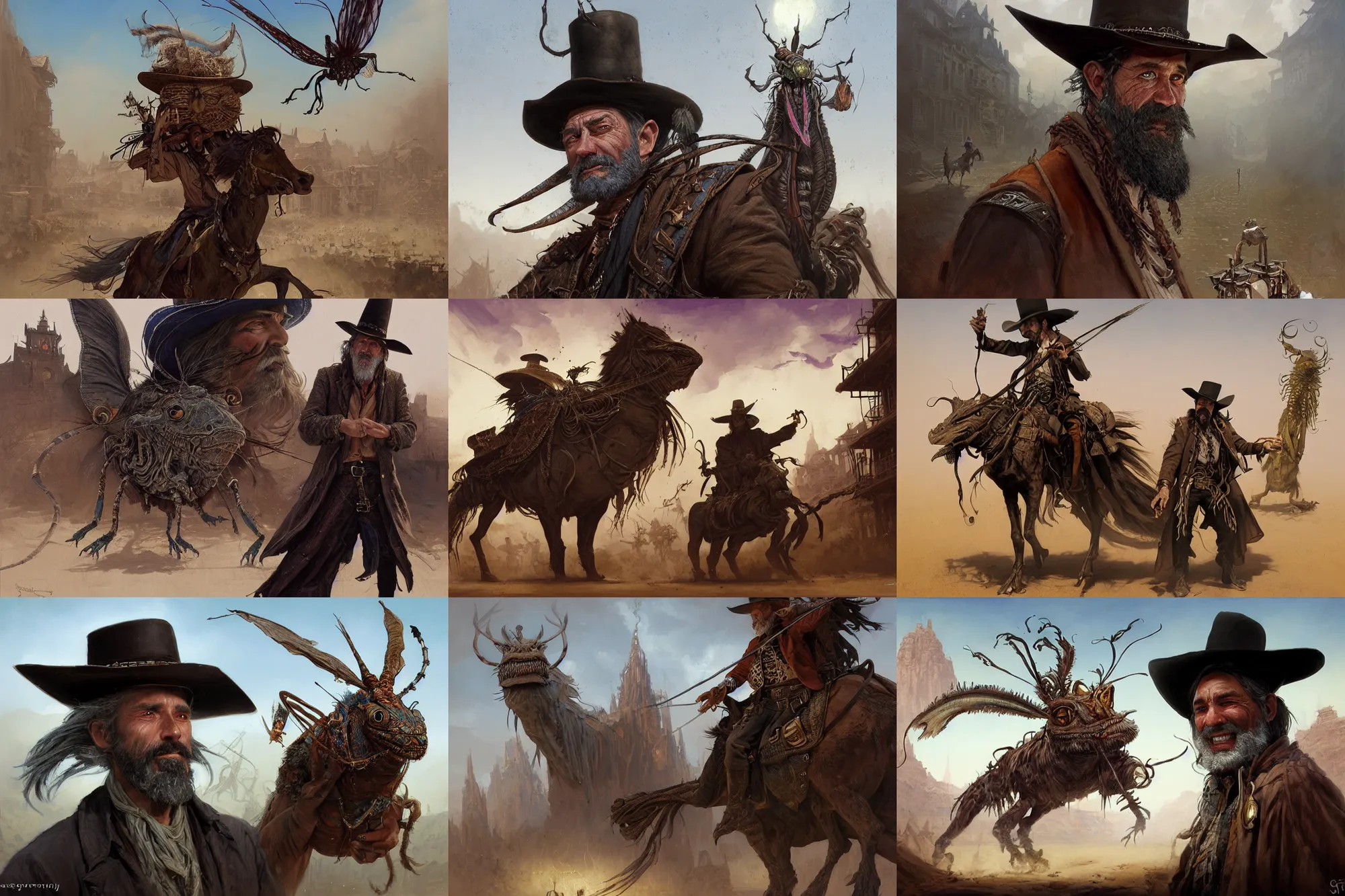 Prompt: A very highly detailed wild west magical sorcerer wizard with a very highly detailed face with spellbooks and potions riding on a very higly detailed large grasshopper on the street of a wild west town digital rational painting art by Greg Rutkowski, magic fantasy highly detailed, digital concept art, sharp focus, realistic concept art by Stephen Hickman and James Gurney and Hiromasa Ogura Ghost in the Shell rendered in Octane Render, From the distance
