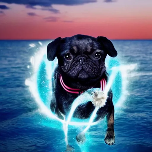 Prompt: a realistic dog superhero with water powers, glowing eyes, ocean background,he is floating in air