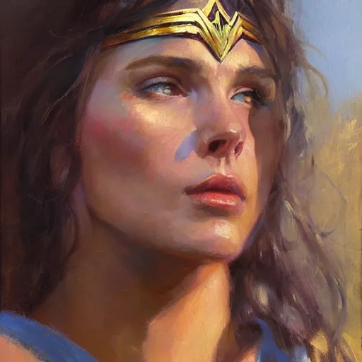 Image similar to portrait of Wonder Woman in the morning sun, Danile Gerhartz, oil painting