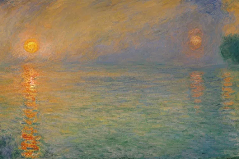 Image similar to underwater scene with volumetric lighting, oil painting in the style of Claude Monet