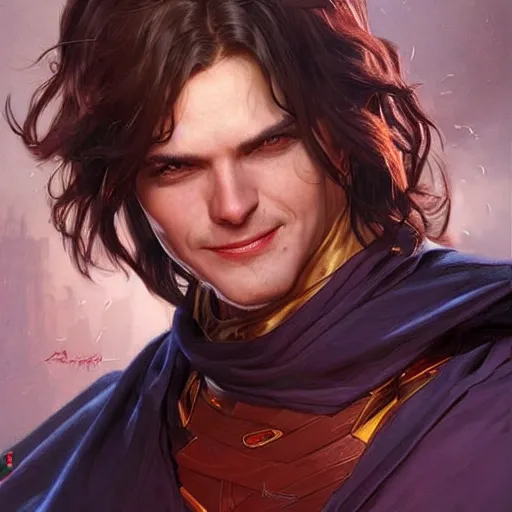 Prompt: character concept, portrait, symmetrical head - on centralized, laughing young man with dark cape. detailed, high quality, dynamic lightning, fantasy, scenematic. artwork by artgerm, wlop, alex ross, greg rutknowski, alphonse mucha