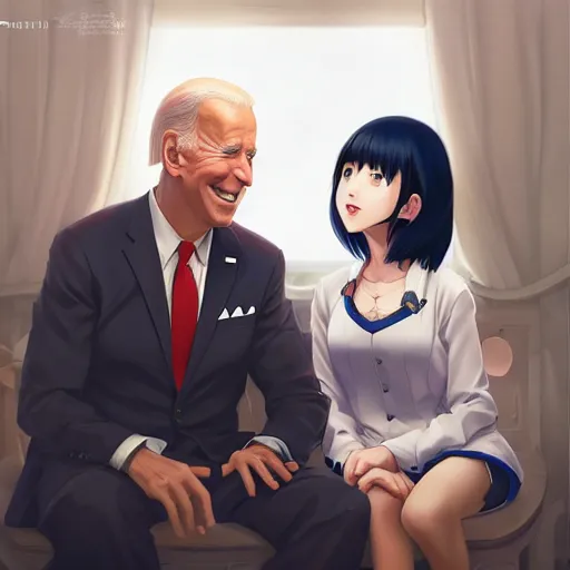 Image similar to photorealistic Joe Biden meets a beautiful smiling anime girl with black hair and hime cut sitting under a tree, Stanley Artgerm Lau, WLOP, Rossdraws, Ilya Kuvshinov, artstation