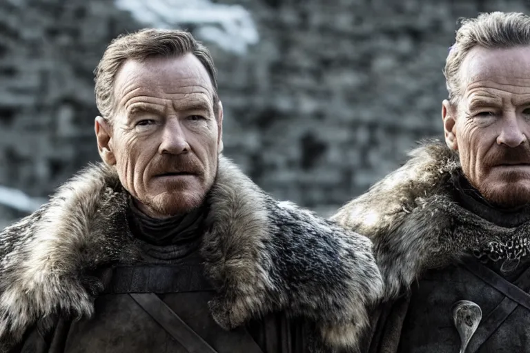 Image similar to promotional image of Bryan Cranston as a Stark soldier in Game of Thrones Season 3 (2013), detailed face, movie still, promotional image, imax 70 mm footage