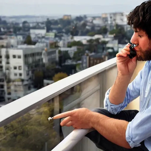 Prompt: a sad guy smoking a joint on a balcony