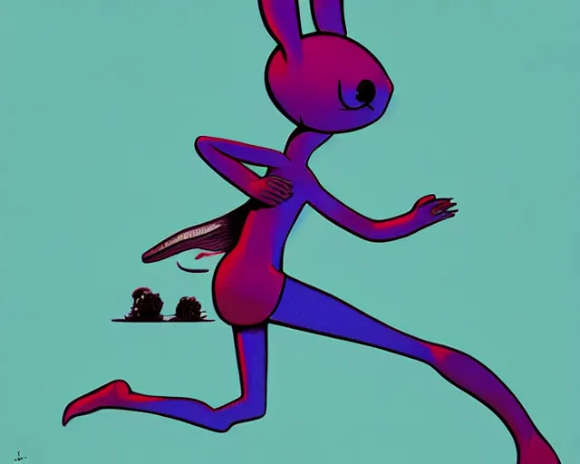 Image similar to a white skinned girl, very thin legs, a long tail, highly detailed, minimalistic composition, blue tones, sharp focus, giant bunny running in the background, art by jamie christopher hewlett and kandinsky and jean julien