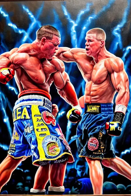 Image similar to john cena fight with eminem, battle rap, california, this painting contains only two people, avoid duplicate images, avoid unrealistic images, sweat, cinematic, ultra realistic, photo epic of the year, hyper detail, elaborate, baroque objects, good proportions, taken with the best dlsr camera