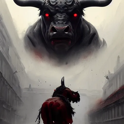 Image similar to giant angry bull with red eyes, steam breath, mysterious, epic concept art, epic painting, artstation, realistic, by greg rutkowski