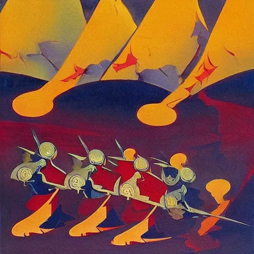 Prompt: a painting of shining metal medieval armors soldiers on the ground by eyvind earle by bruce pennington nicholas roerich, by frank frazetta, by amano, by georgia o keeffe, reflective metallic