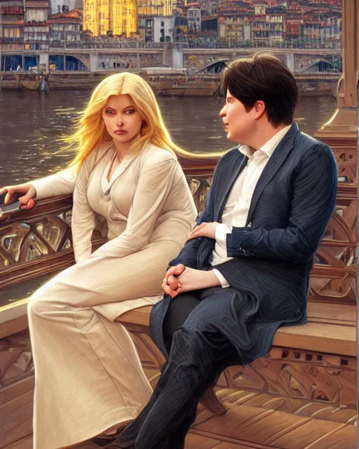 Prompt: Portrait of a  blonde lady and Michael mcintyre listening to Oasis on the Porto waterfront,real life skin, intricate, elegant, highly detailed, artstation, concept art, smooth, sharp focus, art by artgerm and greg rutkowski and alphonse mucha