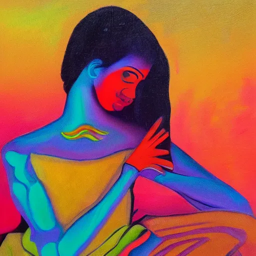 Prompt: a painting of a person sitting on the ground, an oil on canvas painting by thota vaikuntham, artstation, psychedelic art, vivid colors, vibrant colors, psychedelic