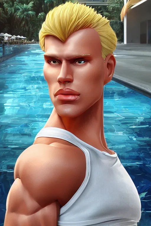 Image similar to a handsome man with blonde hair, ken doll, male android, muscular, wearing a cut-off white top and short light orange shorts, stands by a swimming pool, facing forward, in the style of artgerm and moebius and annie liebovitz, photorealistic, highly detailed, trending on artstation