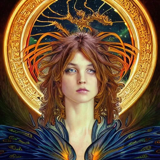 Image similar to portrait of Phoenix made with burning feather by Jeff Easley and Peter Elson + beautiful eyes, beautiful face + symmetry face + border and embellishments inspiried by alphonse mucha, fractals in the background, galaxy + baroque, gothic, surreal + highly detailed, intricate complexity, epic composition, magical atmosphere + masterpiece, award winning + trending on artstation