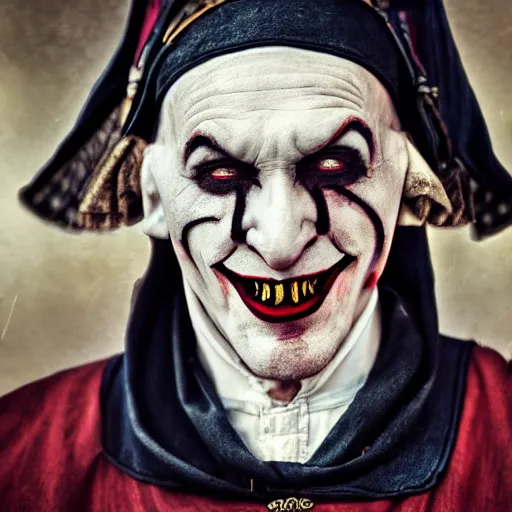 Image similar to medieval jester, sinister, photograph, portrait,