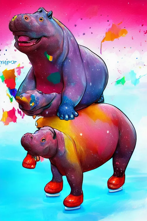 Image similar to colorful hippos ice skating, digital art, artstation trending, digital painting