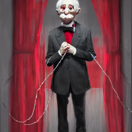 Image similar to portrait of a puppet master holding a hand string puppet marionette on strings, grey hair and a tuxedo, harsh good looking face, middle aged, surrounded by red curtains, drawn by Ruan Jia, disco elysium style, highly detailed