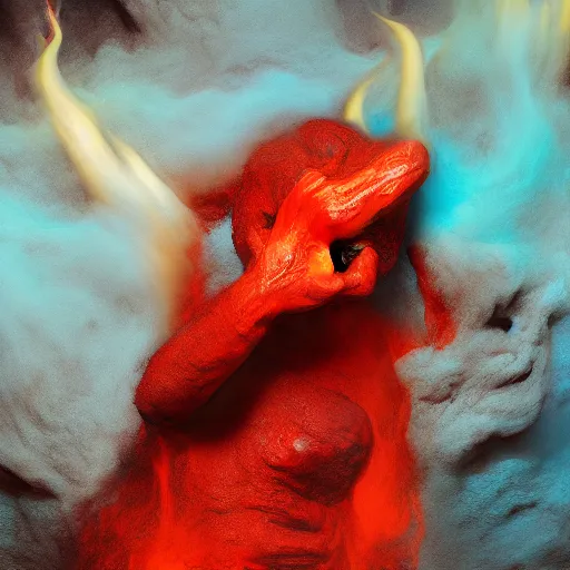 Image similar to a devilish red monster with horns licking hot lava emerging from boiling rough fiery lava seas, monster licking lava, grimace, crying, close - up portrait photo by david lachapelle, masterpiece, trending on flickr