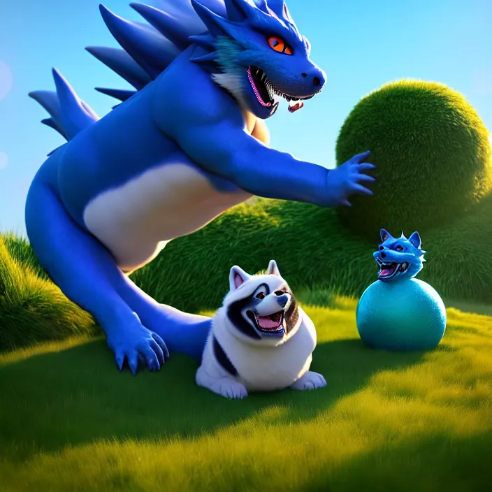 Image similar to a rotund and spherical anthropomorphic male blue dragon fursona being rolled up a hill by an anthropomorphic male husky, furry, round, sphere, 3 d render, unreal engine 5, octane render, soft colors, vivid, cute, 1 6 k