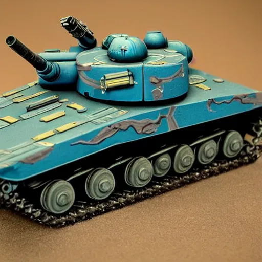 Image similar to a futuristic battletank with blue camouflage paint, double barreled main gun, heavy machinegun on top, science fiction, simon stalenhag, detailed painted games workshop miniature