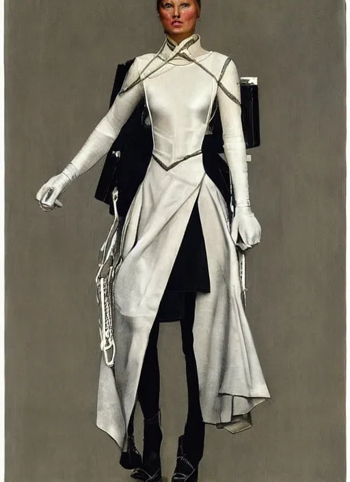 Image similar to a portrait by norman rockwell of a nordic woman detailed features wearing a futuristic wedding dress synthetic materialslots of zippers chic'techno fashion trend by balenciaga