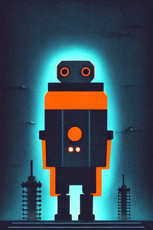 Image similar to a sad robot going for a jog+cloud city, Mads Berg, Karolis Strautniekas, film noir, stippled light, dramatic lighting,editorial illustration, detailed,fine texture, matte print, art deco, dark blue + dark orange, red, black, ((habitat 67 background))