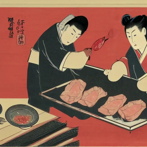 Image similar to angry japanese butcher slices meat next to \ two cute cats looking at him, vintage, painting by utamaro