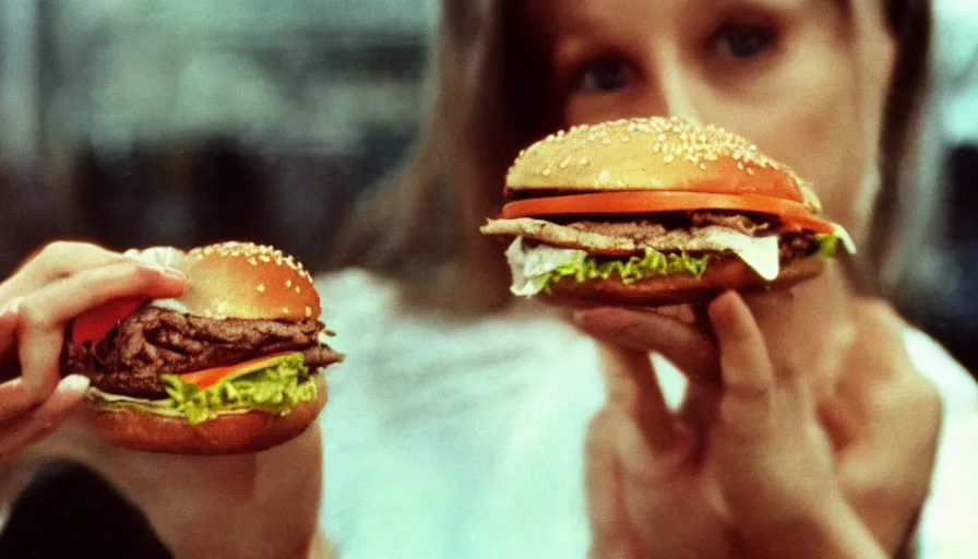 Image similar to 7 0 s film still from a horror movie starring a person with anorexia holding a burger, kodachrome, cinecolor, cinestill, photorealism, cinematic, film grain, film texture, vhs recording