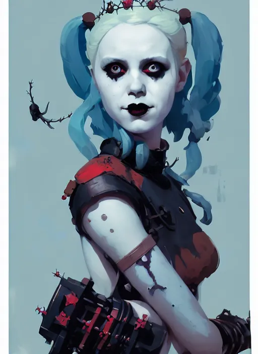 Image similar to portrait of cute goth harley quinn girl with crown of thorns, warhammer, cyberpunk, by atey ghailan, by greg rutkowski, by greg tocchini, by james gilleard, by joe fenton, by kaethe butcher, dynamic lighting, gradient light blue, brown, blonde cream and white color in scheme, grunge aesthetic