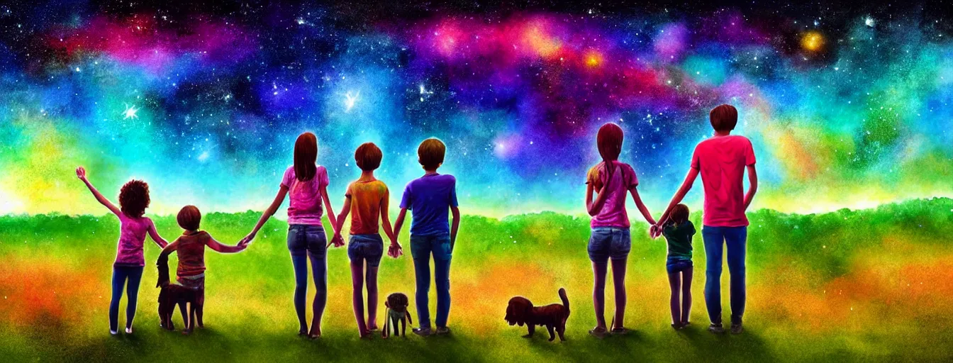Image similar to rear view of a young couple and a kid standing in a small green planet, holding hands and a dog sitting next to them, looking to the night sky displaying an entire colorful universe, digital art, epic, colorful, highly detailed, watercolor