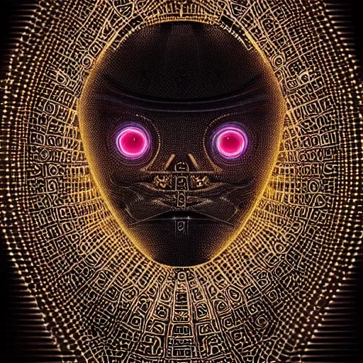 Image similar to an insanely detailed cibernetic artwork of a futuristic artificial intelligence superstar, centered image, perfectly symmetrical alien face, extremely detailed texture, with frames made of detailed fractals, octsne render, 4k, insanely detailed, detailed grid as background, cgi