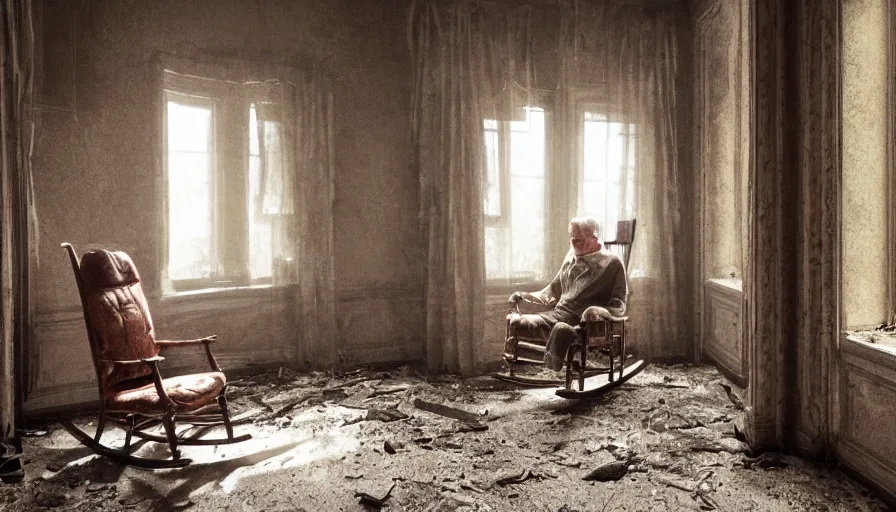 Prompt: old man sitting on a rocking chair in an old 3 0's abandoned rich manor, light through dusty broken windows, old curtains, dusty floor, dirts on the floor, wind, hyperdetailed, artstation, cgsociety, 8 k