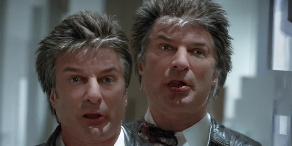 Image similar to ultra wide angle photo of alec baldwin dressed as seth brundle is looking at himself in a bathroom mirror and seeing his reflection as the fly, a mutated insect version of alec baldwin
